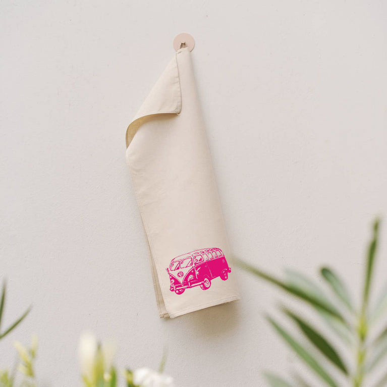 Bus Neon Küchentuch Halbleinen, ca. 47 x 70 cm, Handsiebdruck