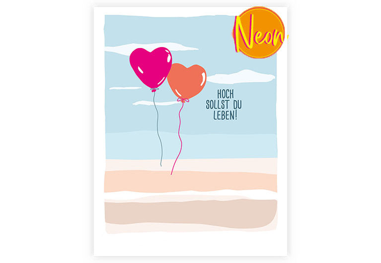 Herzballons hochleben | AuriCard | Neon Postkarte | Geburtstag