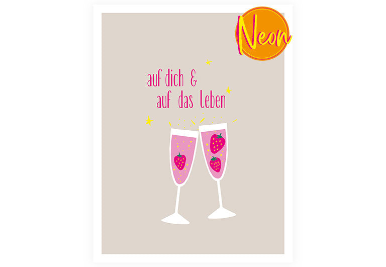 Sektgläser Erdbeeren | AuriCard | Neon Postkarte